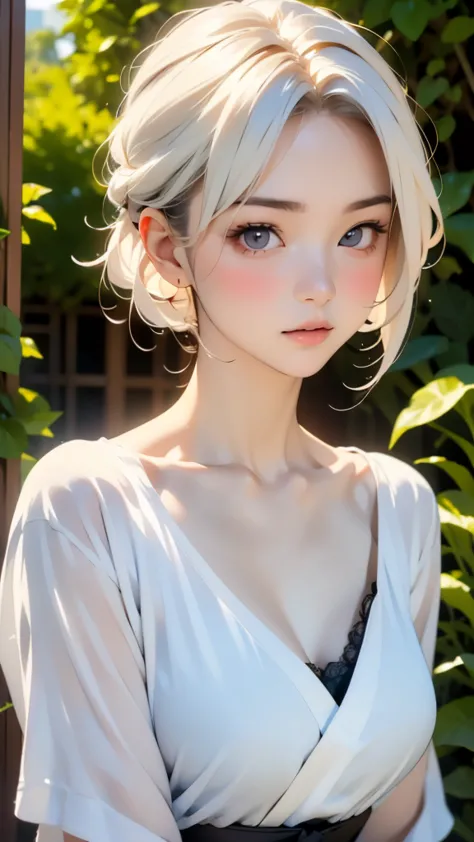 Low Leg, Low rise, albino, (((Realistic images))), Translucent white skin, White camisole, ((girl, Upper body angle)), the skin is transparent, Make the expression more realistic, thin, Soft and smooth white hair, Highlight wrinkles in clothing, Highest qu...