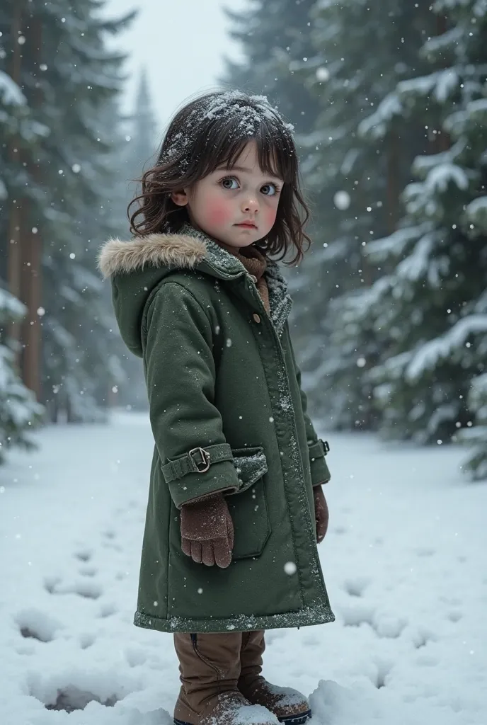 A realistic portrait of an little  Portuguese girl standing alone in a snow-covered forest. She has shoulder-length wavy attaché dark brown hair, slightly tousled by the cold breeze. Her skin is métisse, and her deep brown eyes, of normal size, are filled ...