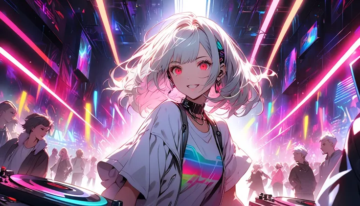 "A vibrant nightclub with a futuristic cyberpunk aesthetic. A young female DJ with silver hair and glowing red eyes stands behind the turntables, surrounded by a crowd dancing under pulsating neon lights. The atmosphere is energetic with colorful laser bea...