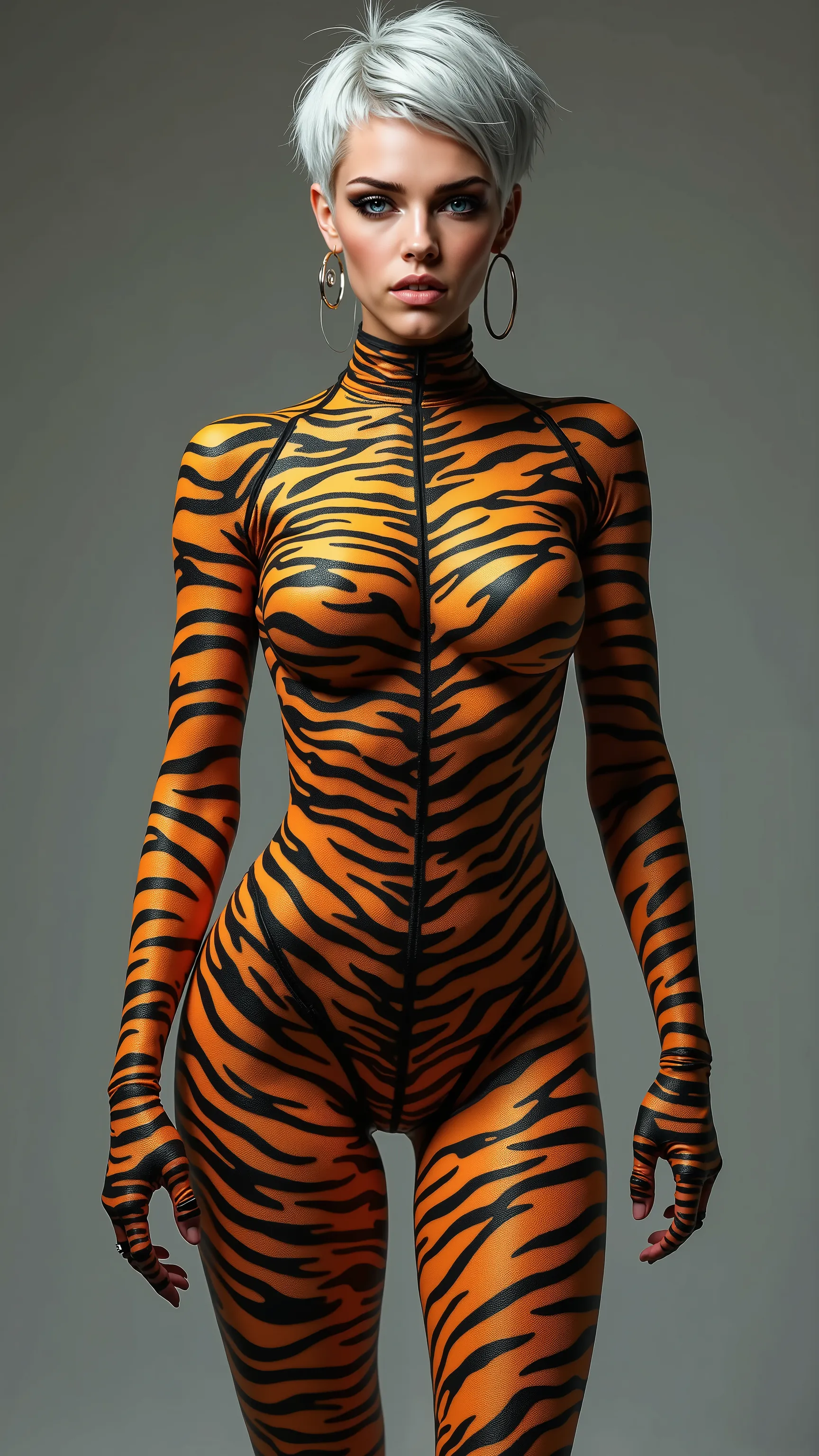 Sexy womanin white, black and orange tiger print lycra footed turtleneck unitard catsuit covered with tiger patterns.short silver hair, real skin, 8k,award winner picture