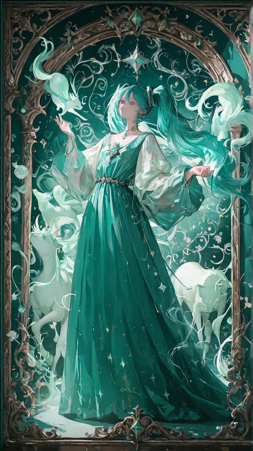 digital art,illustration,1girl,she is wearing a cosplay costume of the popular virtual singer Hatsune Miku,she has long,bright teal twin ponytails,green twin ponytails,charming,ethereal,mysterious,fantasy,ethereal,elegant,airy,magical,surreal,dreamy,young ...