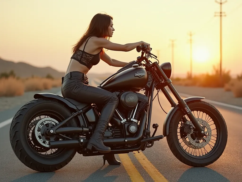 wide angle view, side on view. A female transformer modified  Harley Davidson chopper on an abandoned highway, the handlebars, tank, and seat designed so that it is resembling the torso of a beautiful young caucasian woman. Golden hour. In the style of Mad...