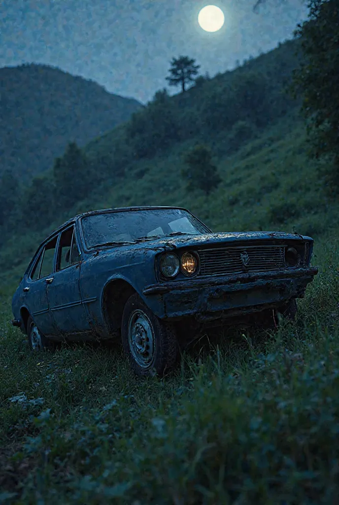 Create a realistic image of a wrecked dark blue Fiat car upside down on a hill in a green area, It&#39;s night 