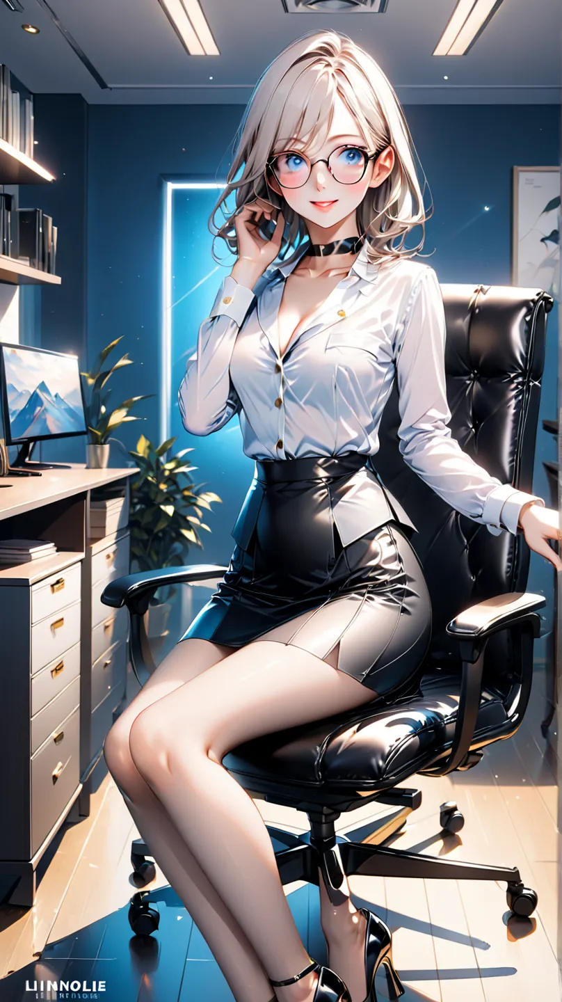 1 Young Woman,sitting on an office chair,Slim legs，Slanted straight，wearing black tights and black patent leather heels(detailed description,high resolution,8k Wallpaper,masterpiece,Top Quality,area depth, An accurate depiction of the human body ,perfect b...