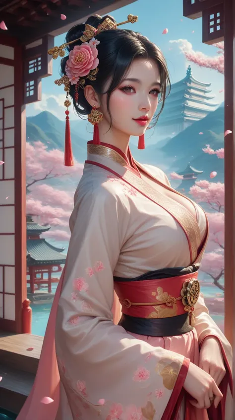 high fantasy style  ancient Chinese girl with long, silky black hair adorned with delicate lotus flower hairpins. Her large, expressive eyes have a soft golden glow, and her skin has a porcelain-like texture. She wears a flowing pastel pink and gold hanfu ...