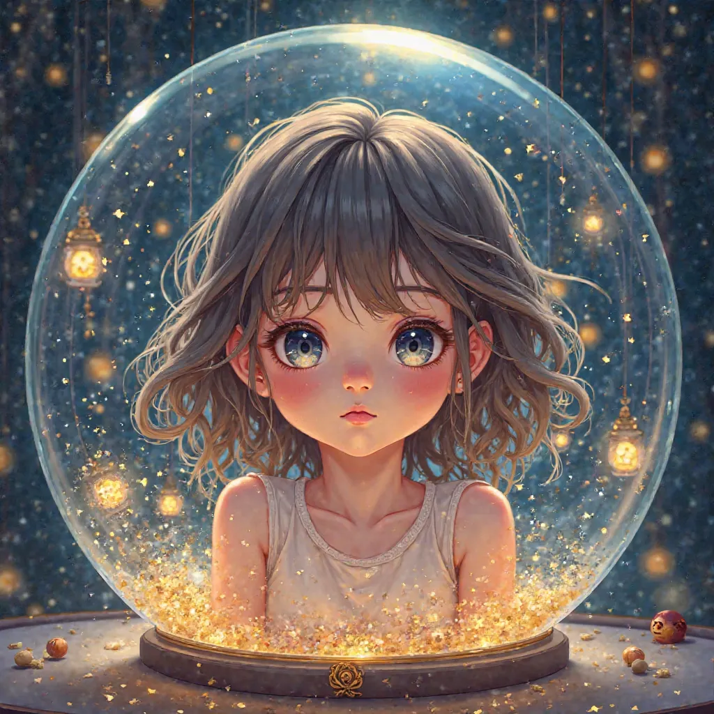 Layla (work of art), (best qualityer), (ultra detaild),(Shaggy hair),(illustration), (1girl), beautiful detailed eyes,delicate and beautiful face,Floating,(high saturation),(colorful splashing),colorful bubble,(shining),facefocus, sitting inside a glass ba...