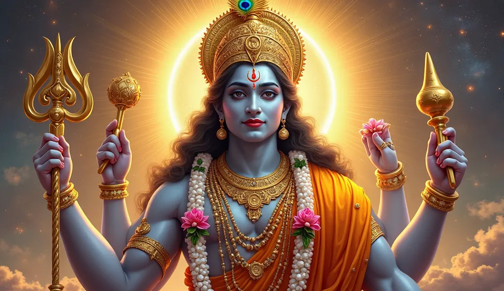 A highly detailed and divine digital painting of Lord Vishnu, the Preserver of the Universe, depicted with four arms holding the Sudharshana Chakra (spinning discus), Shankha (conch), Gada (mace), and Padma (lotus flower). His serene and radiant face is ad...