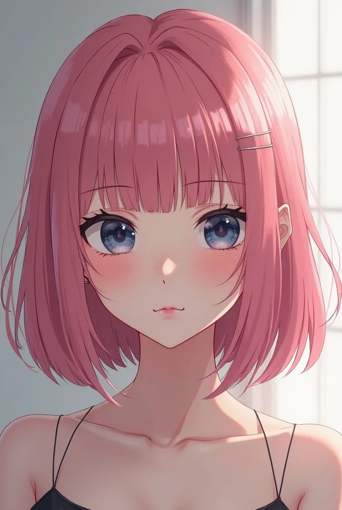 anime girl with pink hair, dark blue black eyes, straight hair, sharp eyes, hairstyle- bob cut, sharp looks