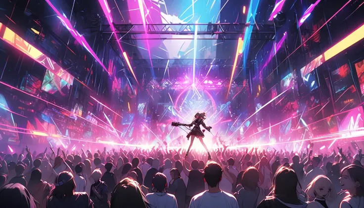 "A high-energy cyberpunk nightclub scene with a massive crowd dancing wildly under flashing neon lights. The DJ is at the center, controlling the music as laser lights cut through the air. The floor vibrates with bass, and the scene feels electrifying and ...