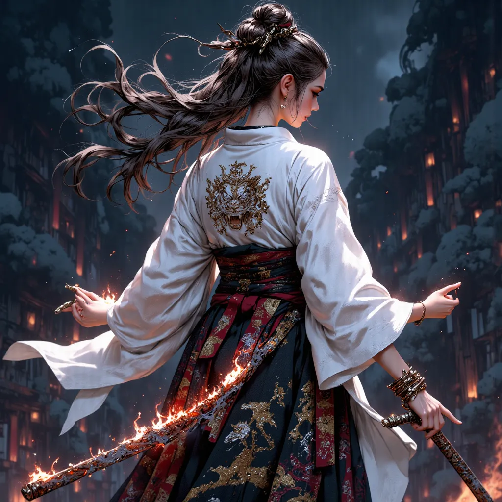 A samurai wearing a white kimono walks from behind、The kimono has a tiger embroidery、The embroidery is white、In his right hand she holds a sword、Aura of blue flames emanates from the demon sword、The background is a dark, dramatic and mystical atmosphere, w...