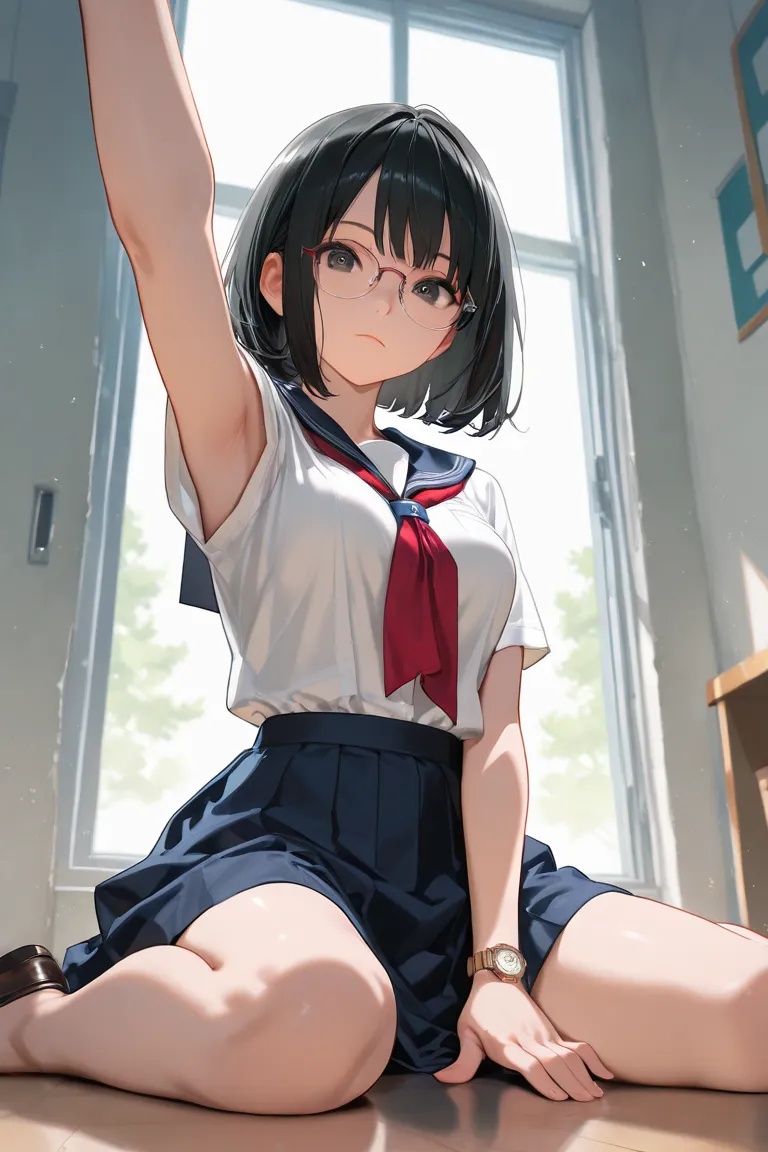 masterpiece, 8k, school, shoes, bare feet, soles, bob hair, black hair, high school uniform, glasses, (wariza:1.5), 1girl, armpits, thin chests, medium breasts, close-up face, Dynamism, unrealistic beauty, enchanting eyes, perfect face, clear darkened eyes...