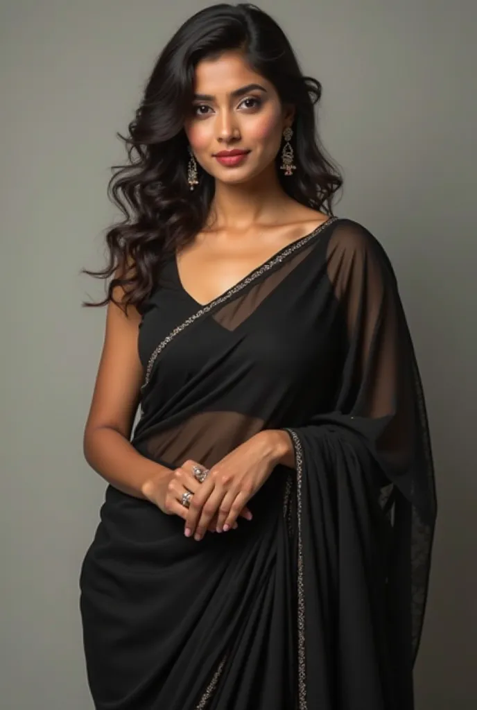 Hot image of indian aunty in black saree with navel and sleeveless blouse showing navel looking beautiful 