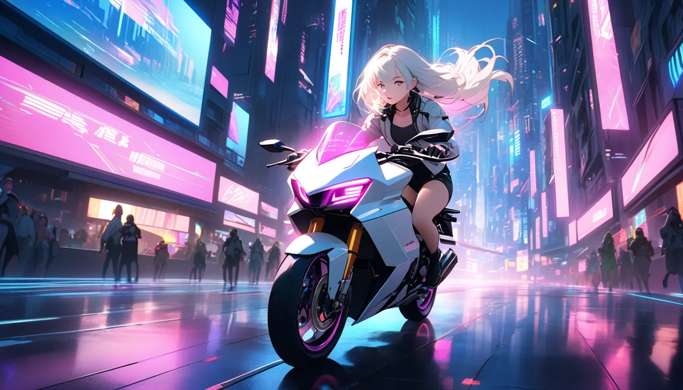 "A futuristic cyberpunk city at night, with a high-speed chase on a sleek motorcycle. The young female protagonist with long silver hair rides through glowing neon streets, leaving behind a trail of light. The cityscape is filled with digital billboards an...