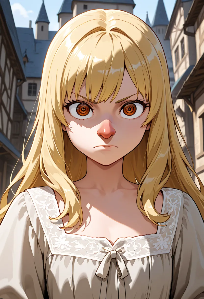  Young Woman,blond hair, Long hair with bangs,eyes, dressed in a commoner's dress, take a serious look,Big pointy eyes,big nose,  Medieval City 