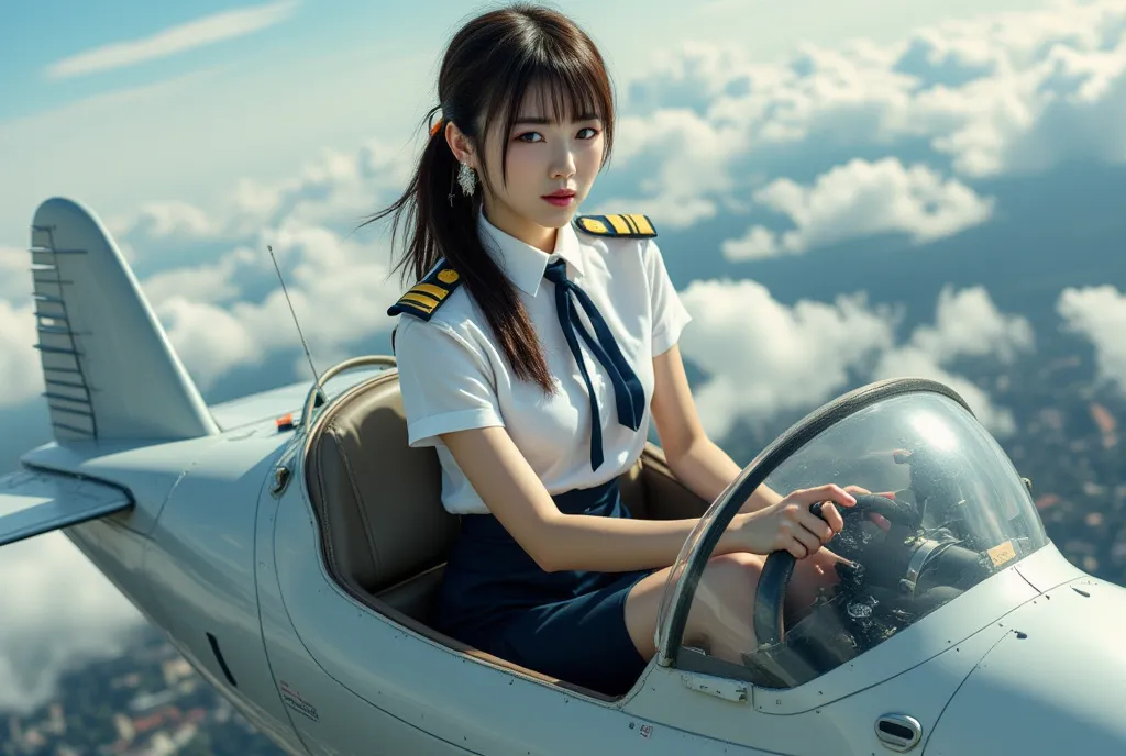 (((Steam-powered propeller-driven airplane, hardened plastic canopy, Extremely simple construction, water vapor internal-combustion engine, Small single-seater airplane, very smooth fuselage, Flapter ))), A woman sits in the cockpit of an airplane and hold...