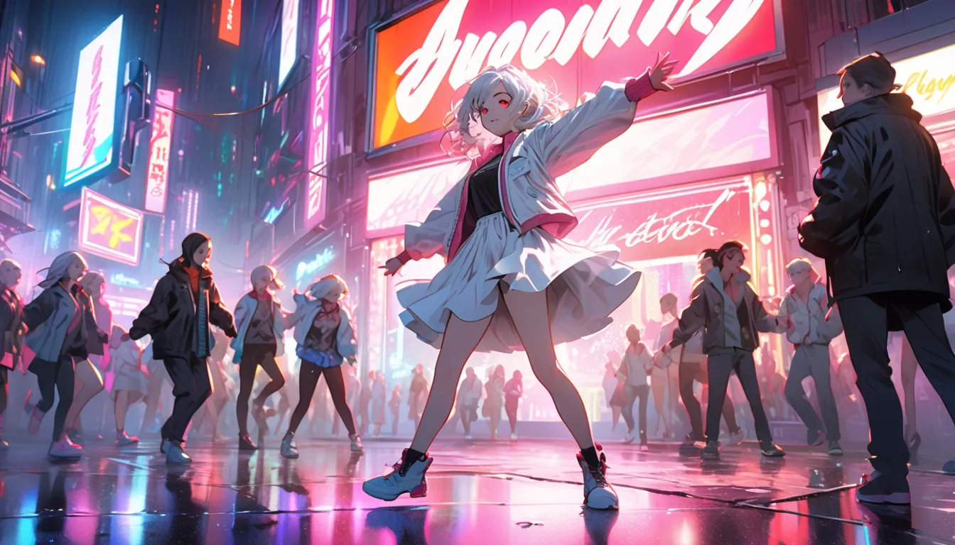 "A lively cyberpunk street scene where people are dancing freely under neon signs. The protagonist, a young woman with glowing red eyes and silver hair, moves with the rhythm of the music. The wet pavement reflects the vibrant lights, adding to the energet...