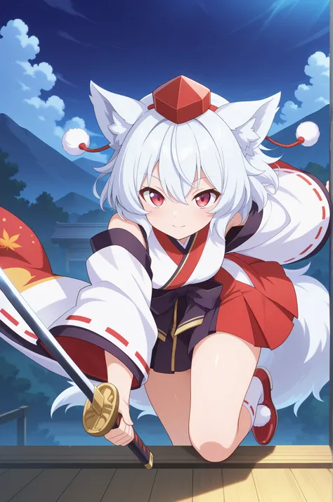 Absard dress that makes your head explode, High Resolution, masterpiece, best quality, great quality, Official Anime Artwork, screen cap, anime screen cap, outdoor, viewers, light smile, dynamic pose, 
   maple Inuwasu , 1 girl, Alone, Red Eyes, white hair...