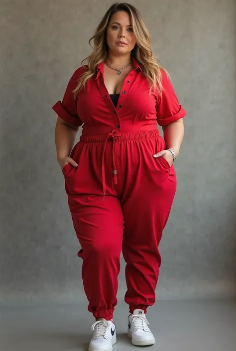 hdr full-body hyper-realistic extremely detailed maximalist image of a short beautiful , curvy 47 year old plus-size caucasian American woman with sholder length light brown with thick blonde highlights hairstyle, blue eyes, saggy stomach  extremely gigant...