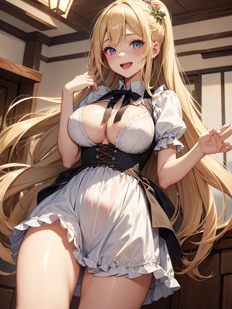  clothes are slipping downward and breasts are visible、woman、 German costume Dirndl 、、Blonde Long Hair、freckles、big breasts、white skin、Big Breasts、Excited and cheerful 