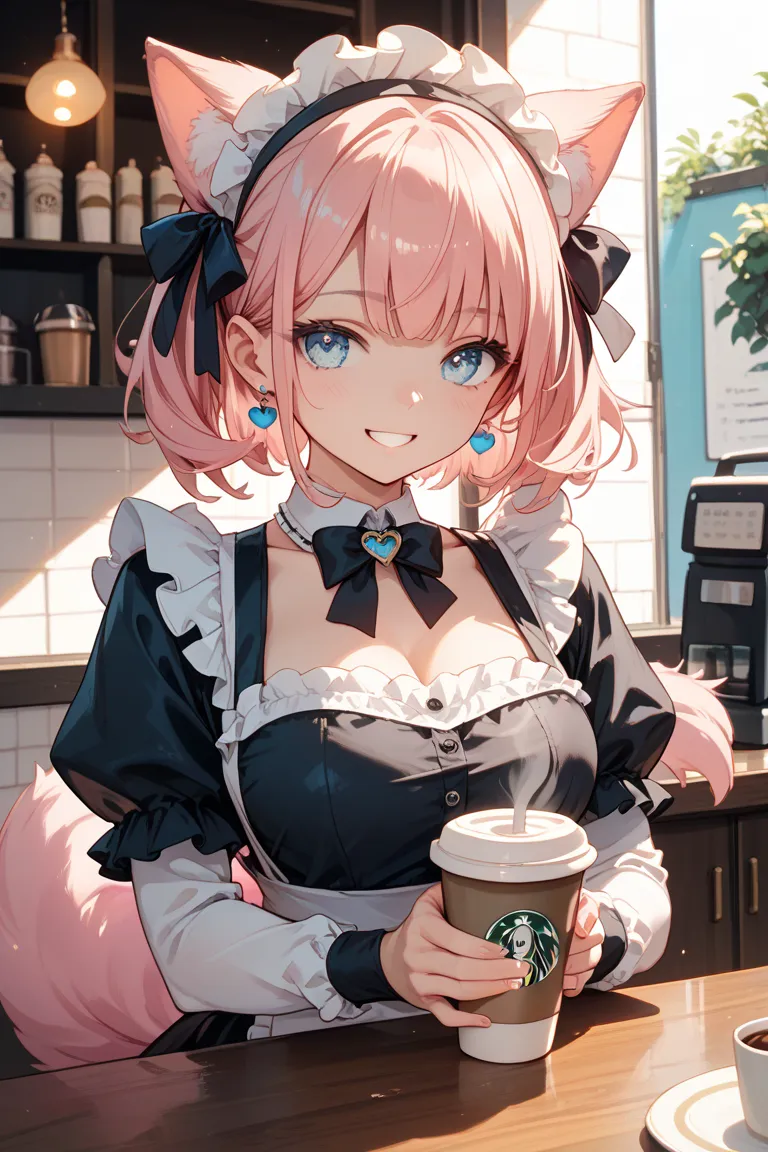 black maid outfit、 pink twin tail hair、light blue eyes、 with a smiling face 、The background is a coffee shop