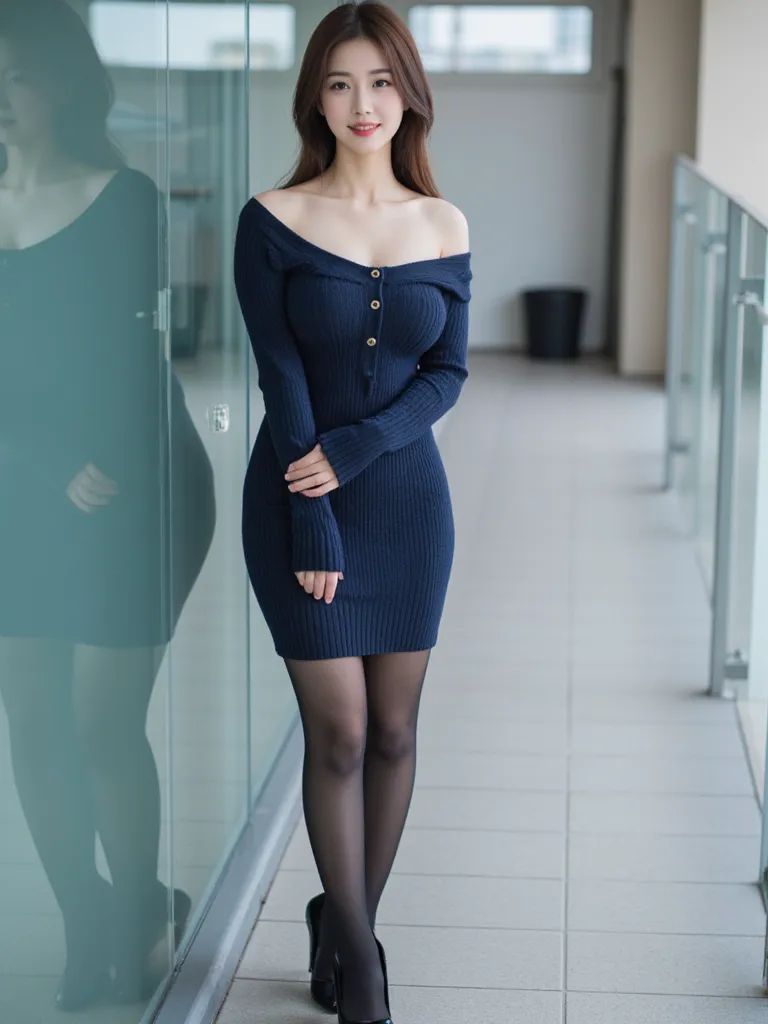 A Japanese shy girl, 18 years old, sexy smile, bright brown hair, off shoulder tight knit dress, black pantyhose, high heels, front button clothes, big breasts, sexy standing pose, in front of glass wall, whole body photo, depth of field, UHD, accurate, an...