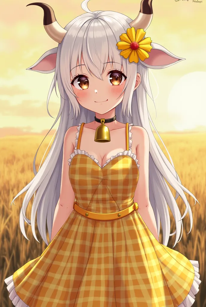 female, long white hair, small cow horns, fluffy ears on the sides of her head, yellow plaid dress, choker with big yellow cowbell, yellow flower in hair, brown eyes, demi-human, anime, slightly realistic, field background, sunkissed+tan skin, sunset light...