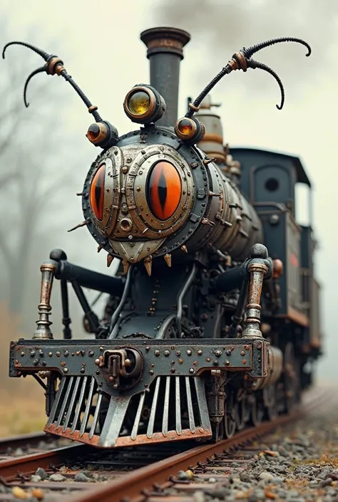 "Create a highly detailed hybrid image of a train and an insect. The creature should have the body structure of a powerful locomotive but fused seamlessly with the anatomy of an insect. The front of the train should resemble an insect’s head, featuring lar...