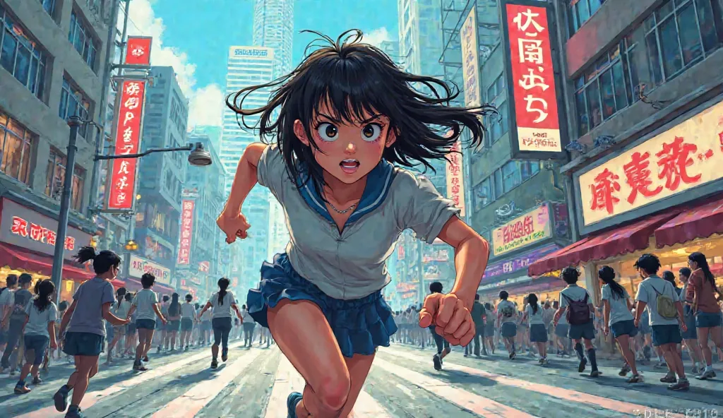 Create Manga image a young girl with medium long black hair slightly disheveled up to the shoulder running in a city center 