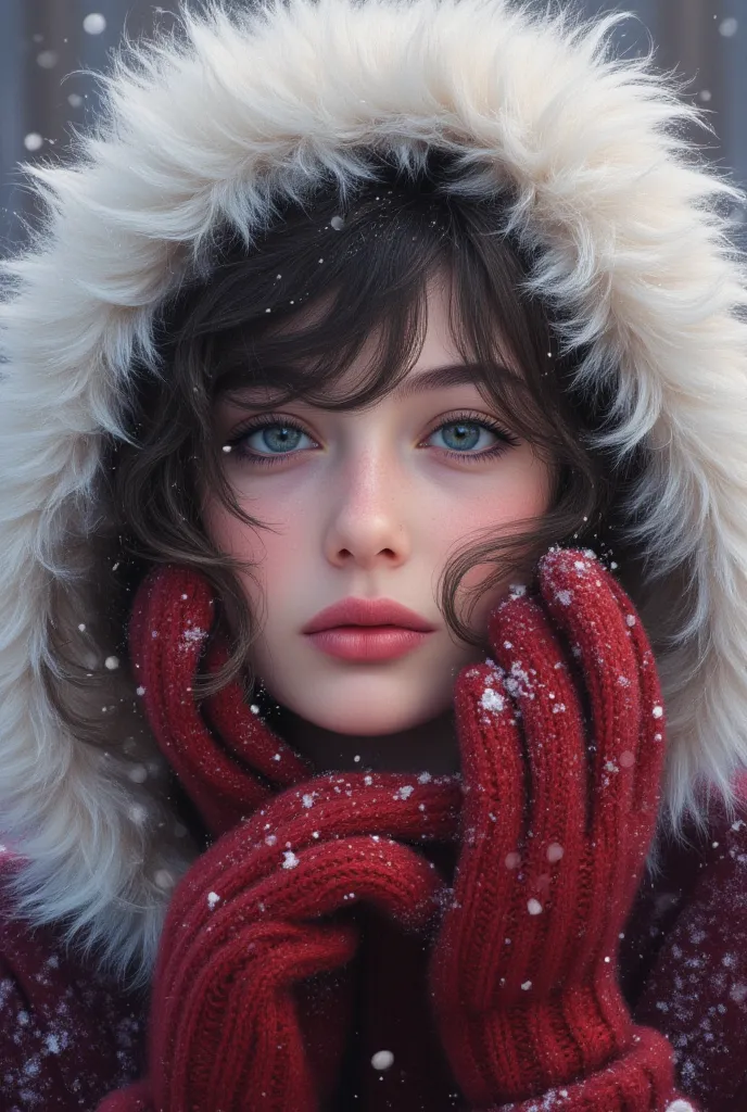 8k, masterpiece, highest quality, Surrealism, Winter, fur-lined white hood, snow falling, dark hair, innocent expression, red mittens, soft lighting, dreamy atmosphere, snowy background, closeup shot, gentle gaze, Burgundy coat, delicate snowflakes, ethere...