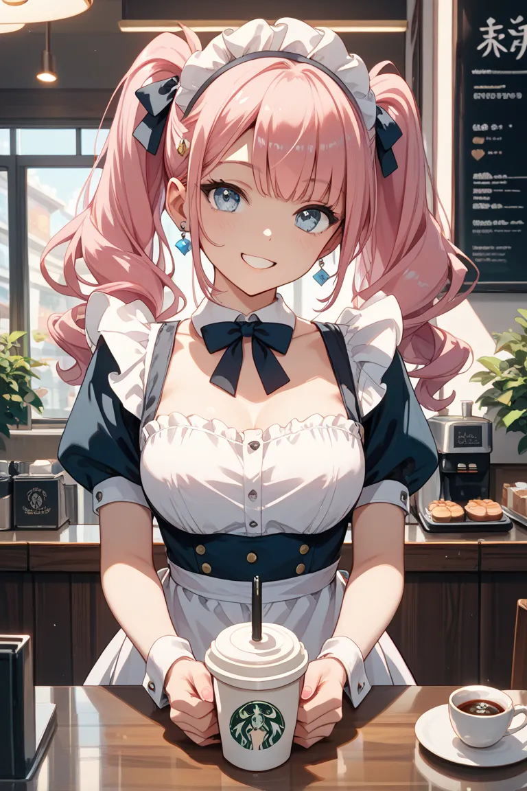 maid clothes、pink hair、Twin Tails、light blue eyes、smile、The background is a coffee shop