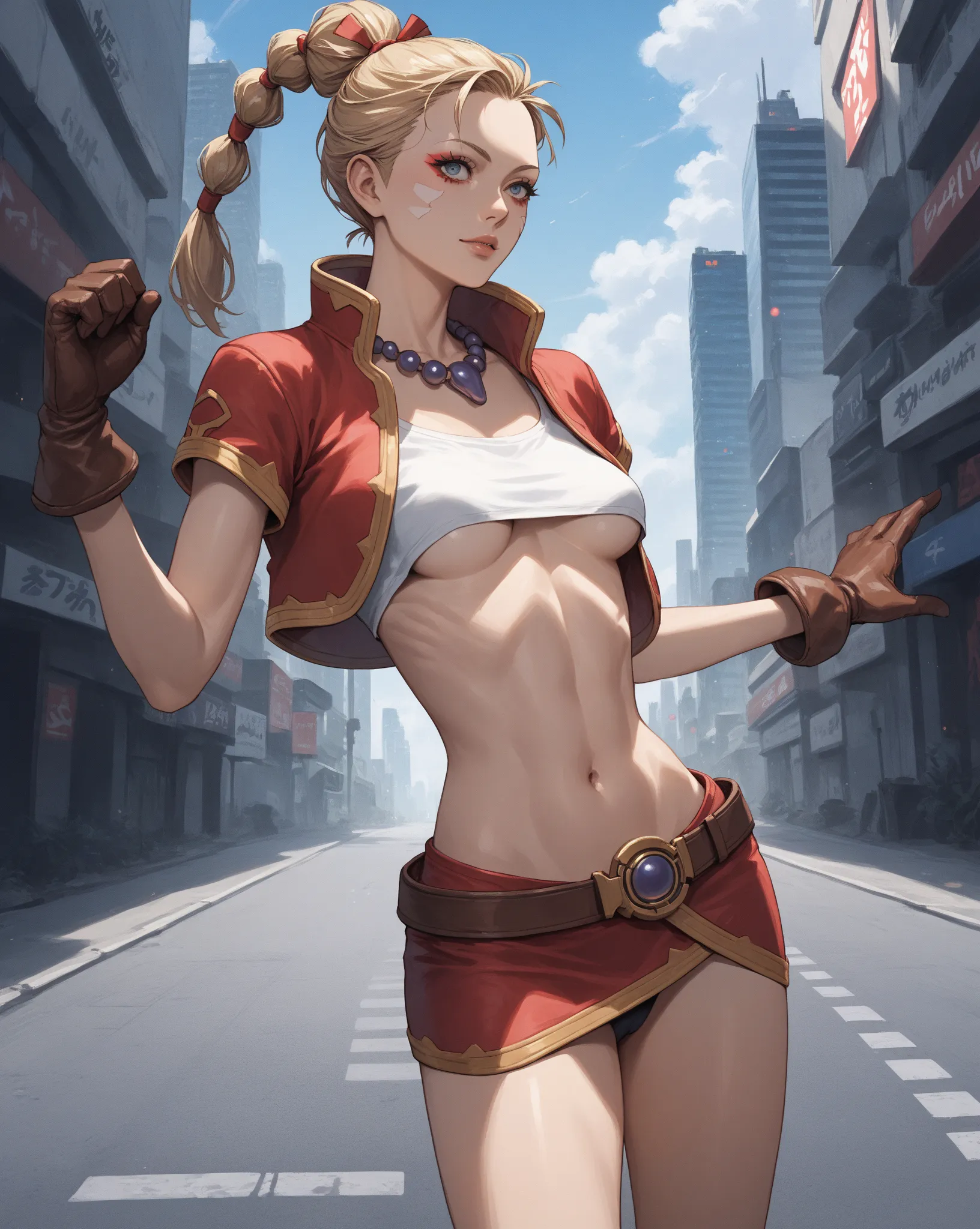 Score_9, score_8_up, score_7_up, source_real, Semi-realistic 2.5D style, rating_safe, rating_questionable, 1woman, solo, mature female, kdecc, slim and slender body, ponytail, facial mark, necklace, crop top, fitted red vest, very small breasts, (underboob...