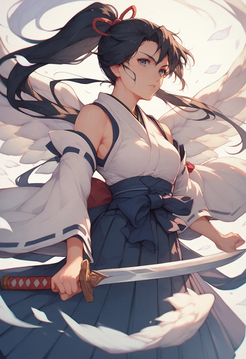 Sakurazaki Setsuna (Negima),1girl, solo, long hair, black hair, ponytail, weapon, detached sleeves, japanese clothes, sword, hakama skirt, angel wings