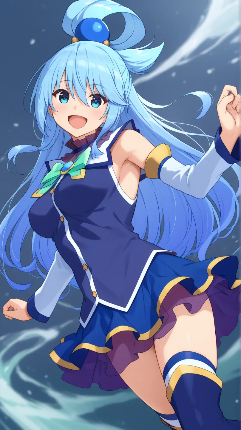 aqua (konosuba) blue eyes, blue dress, blue skirt, turquoise ribbon, sleeveless, White long sleeves,
