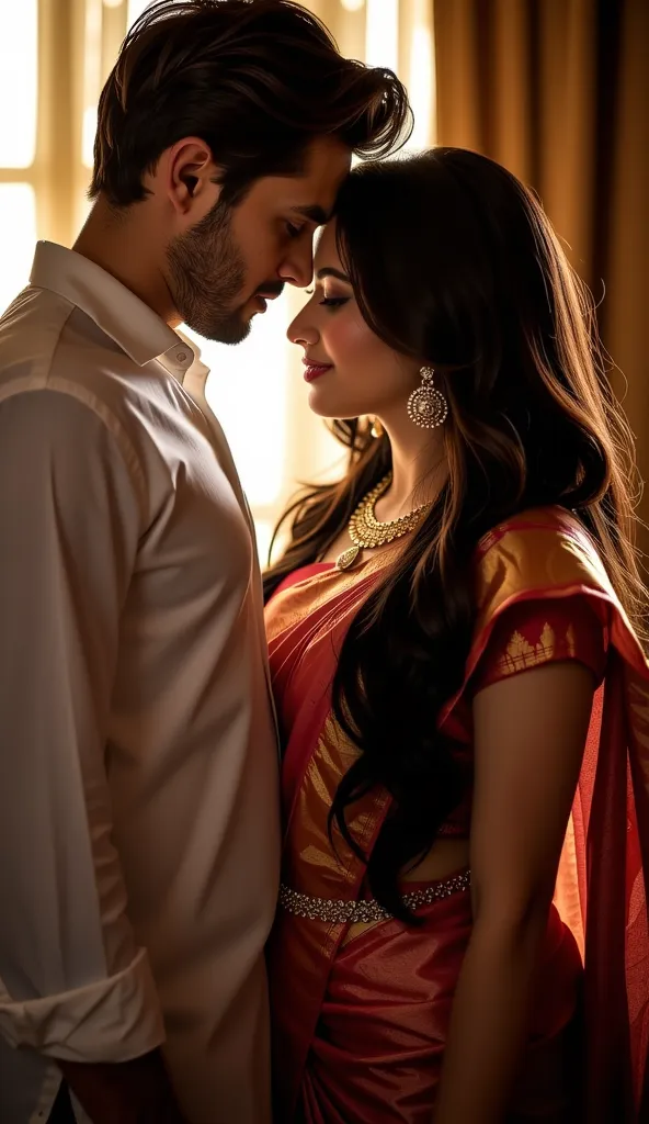 a captivating image ,masterpiece best quality ultra-detailed best amazing realistic picture, Canon 5d mark 4, lighting handsome man in white shirt forehead kiss a  pakistan woman  hot figure  black hair, big boobs, in saree , , realistic looks, thick thigh...