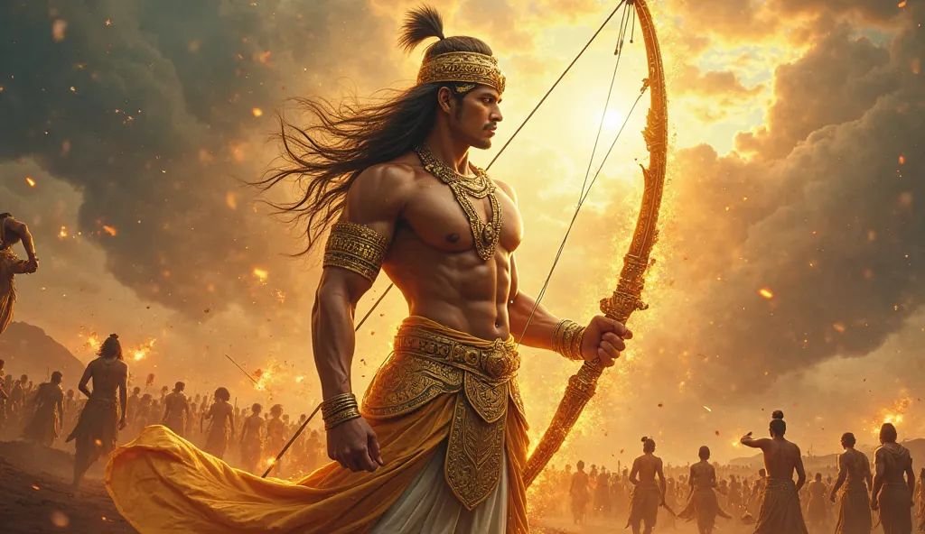 **Prompt:**  

*A breathtaking cinematic depiction of Arjuna, the legendary warrior from the Mahabharata, radiating a divine and powerful aura symbolizing Dharma and Truth. Arjuna stands tall, his muscular physique exuding strength and determination. His f...