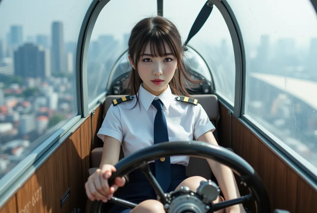 (((Steam-powered propeller-driven airplane, hardened plastic canopy, Extremely simple construction, water vapor internal-combustion engine, Small single-seater airplane, very smooth fuselage, Flapter ))), A woman sits in the cockpit of an airplane and hold...