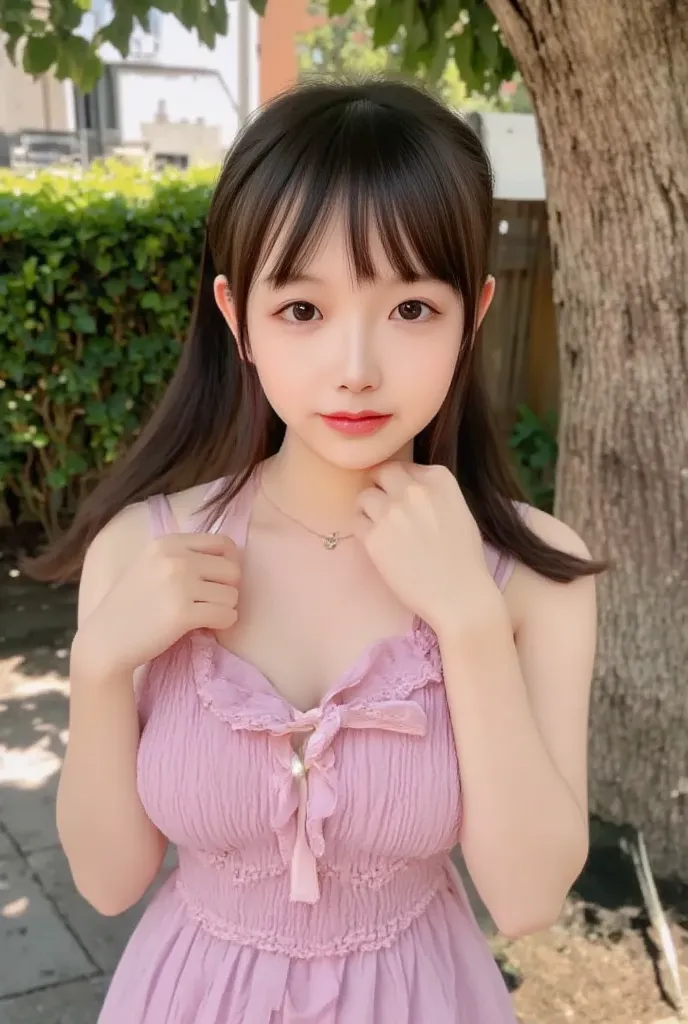 (round face babyface: 1.5), (primary school girl: 1.5), (11-years-old girl: 1.5), (full body photograph: 1.4), (facing front straight towards camera: 1.5), (low twintails: 1.3), (smile: 1.3), (enormous clothed breasts: 1.4), (extremely long hair: 1.4),  (s...