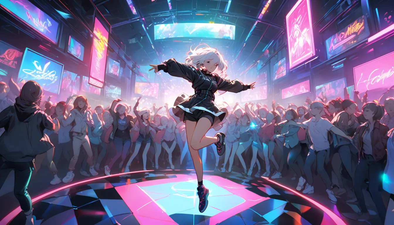 "A cyberpunk club at its peak energy, with the camera spinning 360° to capture the entire dance floor. Neon lights flash in all directions, and the protagonist, a young woman with silver hair, dances with powerful movements as the crowd cheers and jumps in...