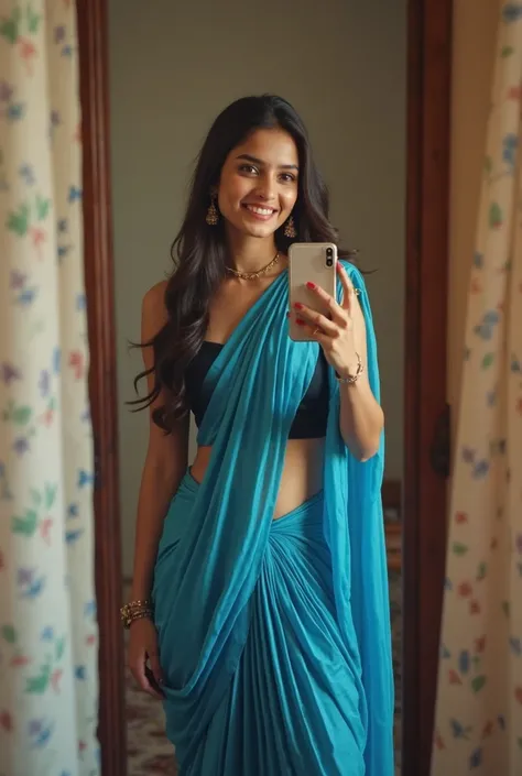 Butt Mirror Selfie, A beautiful young indian girl wearing a  blue saree, from behind, pleated mini skirt, holding a phone,in her bedroom vibrant smile 