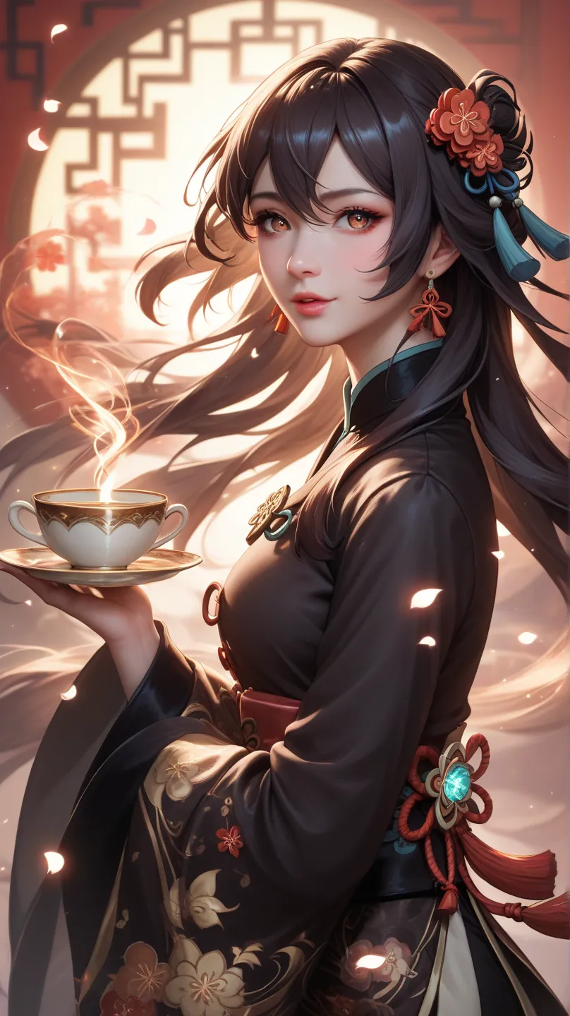 A full-body shot of a gentle Chinese girl gliding forward, her short, wavy black hair flowing behind her, adorned with a glowing plum blossom hairpin. Her warm, brown eyes are focused, and her body is slightly leaned forward, exuding calm and determination...