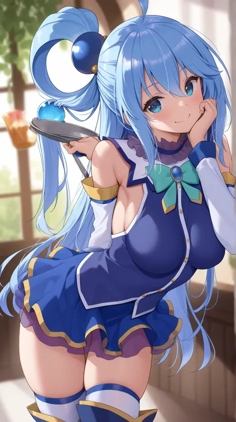 aqua (konosuba) blue eyes, blue dress, blue skirt, turquoise ribbon, sleeveless, White long sleeves,
