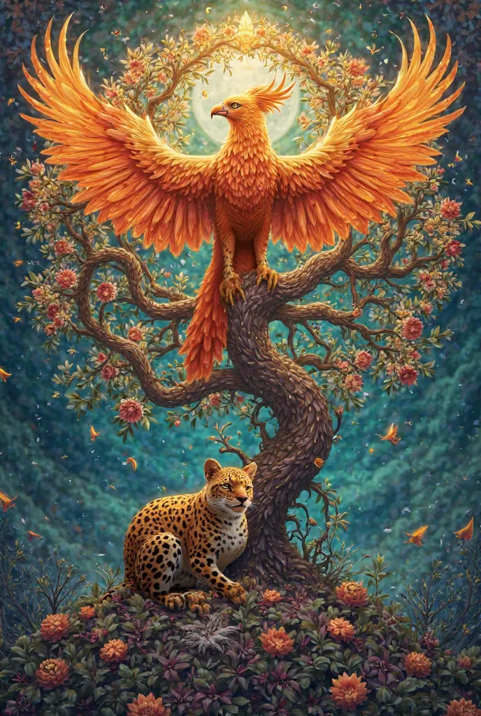 A phoenix on a colorful tree of life Leopard cub 