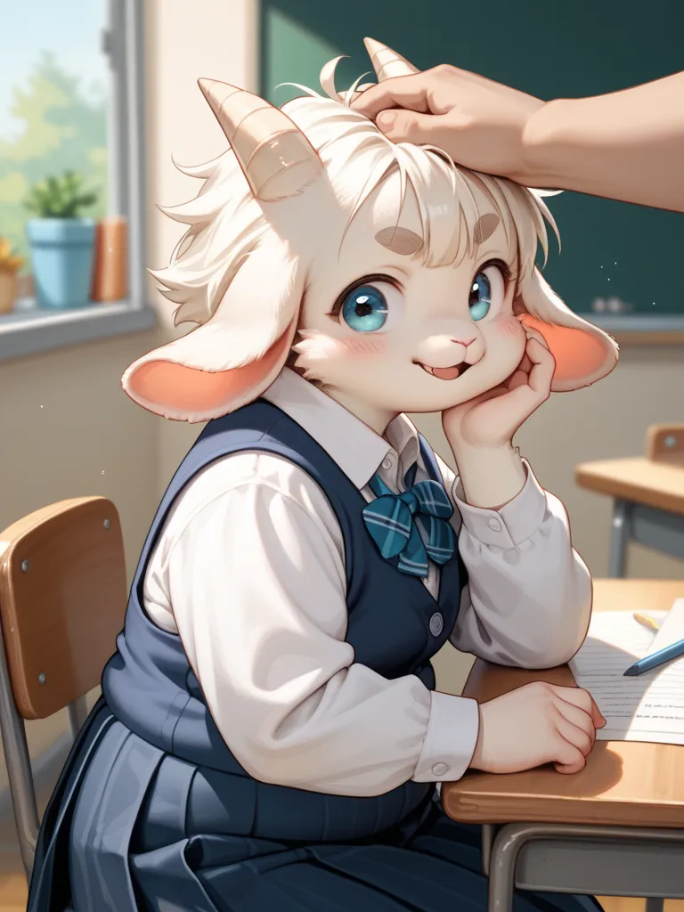 side view , size out school uniform , in the school , sit on chair , 
, kawaii anime petit girl, round eyebrows, round face, single eyelid, bold pose, chubby, out of frame
, (The button comes off , Button that can be popped) , boobs bag
, furry goat
, plac...