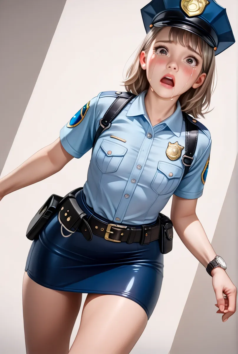 Beautiful Japanese Women from a Purple Perspective,( 1girl :2.0),(slender body:1.3),(simple light brown background :1.4),( small tits:1.0),(white collared tight short sleeve police shirt:1.2),(blue super mini police skirt:1.2),(black leather equipped polic...