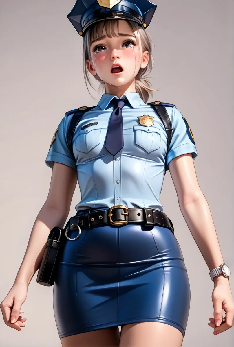 Beautiful Japanese Women from a Purple Perspective,( 1girl :2.0),(slender body:1.3),(simple light brown background :1.4),( small tits:1.0),(white collared tight short sleeve police shirt:1.2),(blue super mini police skirt:1.2),(black leather equipped polic...