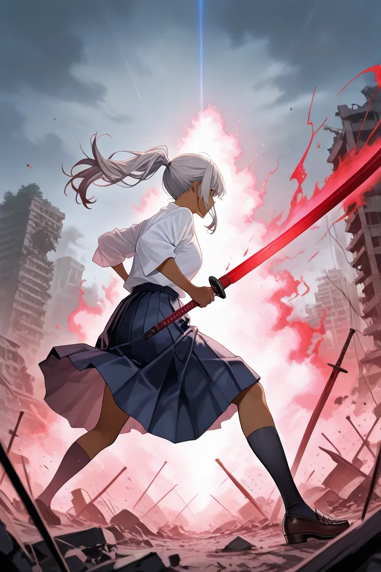  ( 1 girl ), ( High Resolution ), ( top quality :1.4),composition from below（（ watercolor））An 18-year-old Japanese woman,  high school student, high school studentの制服,brown skin,Slash with a large sword,A large sword that shines red,attack,with a sense of ...