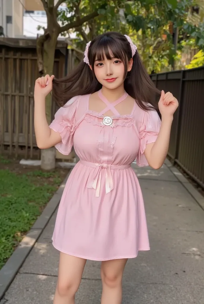 (round face babyface: 1.5), (full body photograph: 1.4), (facing front straight towards camera: 1.5), (low twintails: 1.3), (smile: 1.3), (enormous clothed breasts: 1.4), (extremely long hair: 1.4),  (straight bangs: 1.5), (cleavage: 1.5), (extremely soft:...