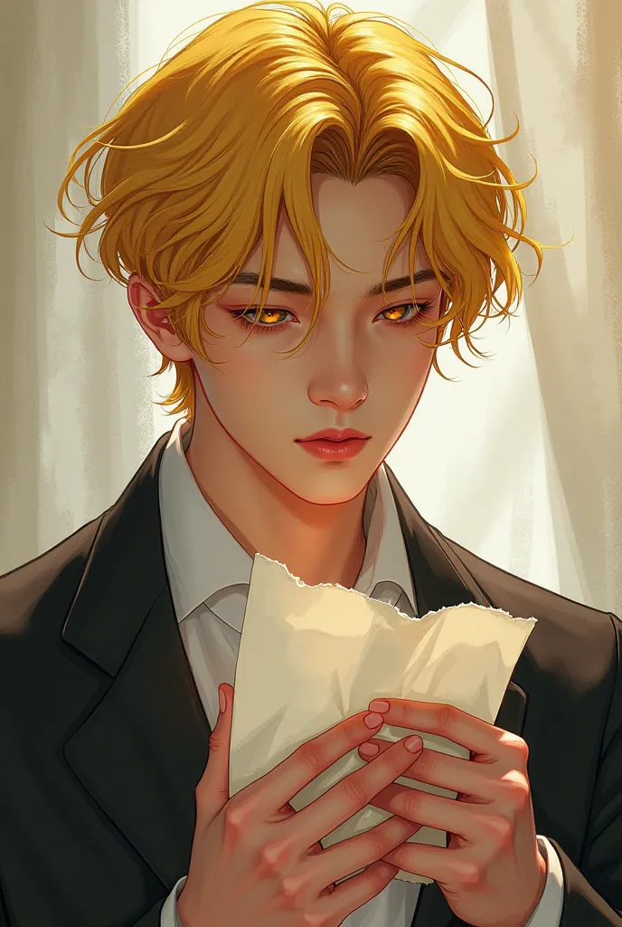 A handsome man looking like V from modern BTS in Manhwa style with golden yellow hair and eyes and tearing up a sheet of paper 