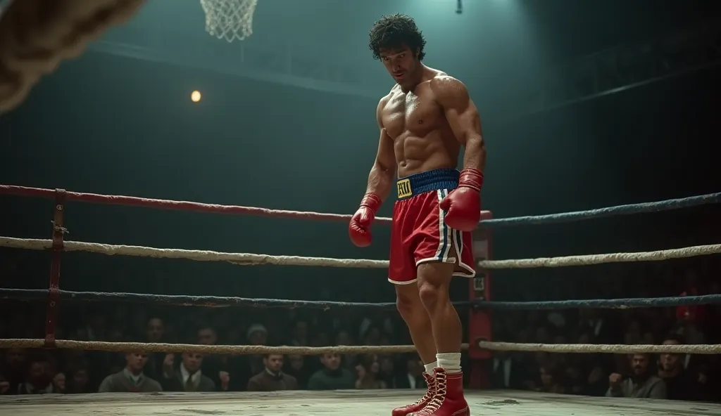 Sylvester Stallone as rocky ready for boxing match inside boxing ring. 