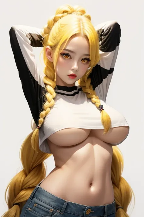 crop shirt underboob,crop top, white shirt, underboob, looking at viewer, arms up , :3, twin braids, long hair, yellow hair, red eyes, makeup, white background,